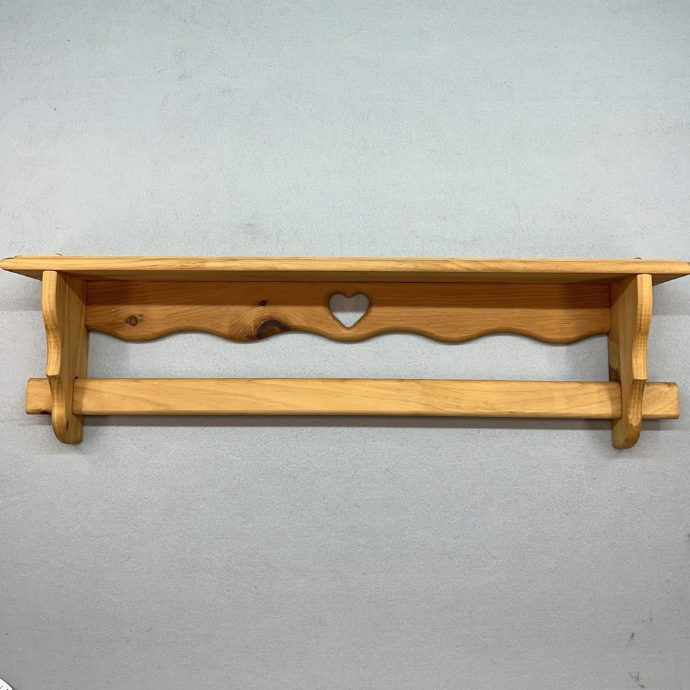 Vintage Rustic Wood Heart Cutout Wall Shelf with Towel Quilt Rod 36 Inch